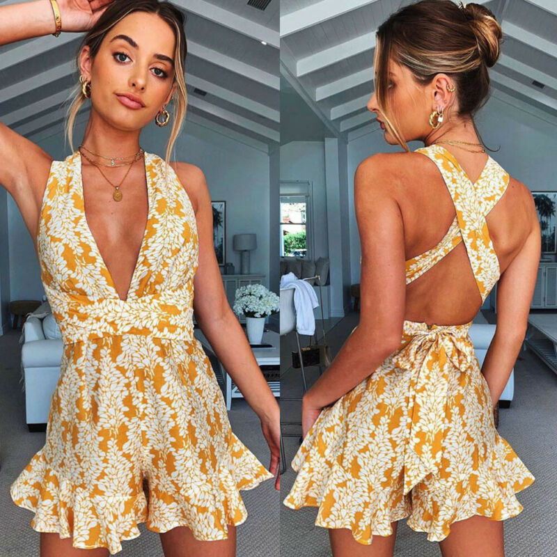 Open Back Dresses Women Short Jumpsuit Ladies Deep v Clothes - worthwears