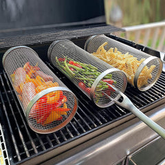 Rolling Grilling Basket Metal BBQ Barbecue Basket Net Portable Outdoor Camping Barbecue Rack Kitchen Gadgets - worthwears