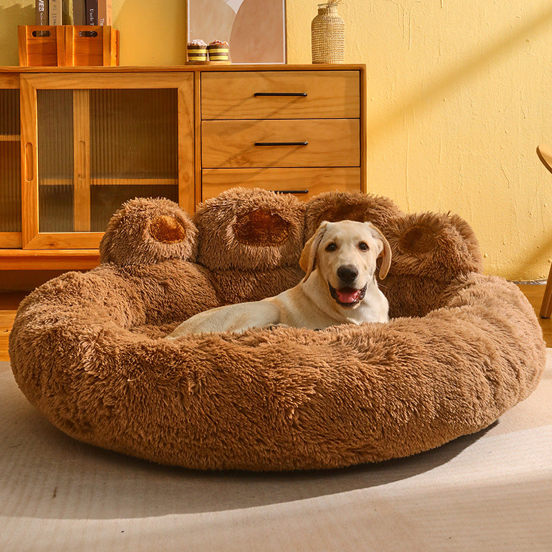 Dog Bed Cat Mat Round Large Pet House Long Plush Deep Sleeping Warm Bear Paw Shape Super Soft Cushion Calm Beds - worthwears