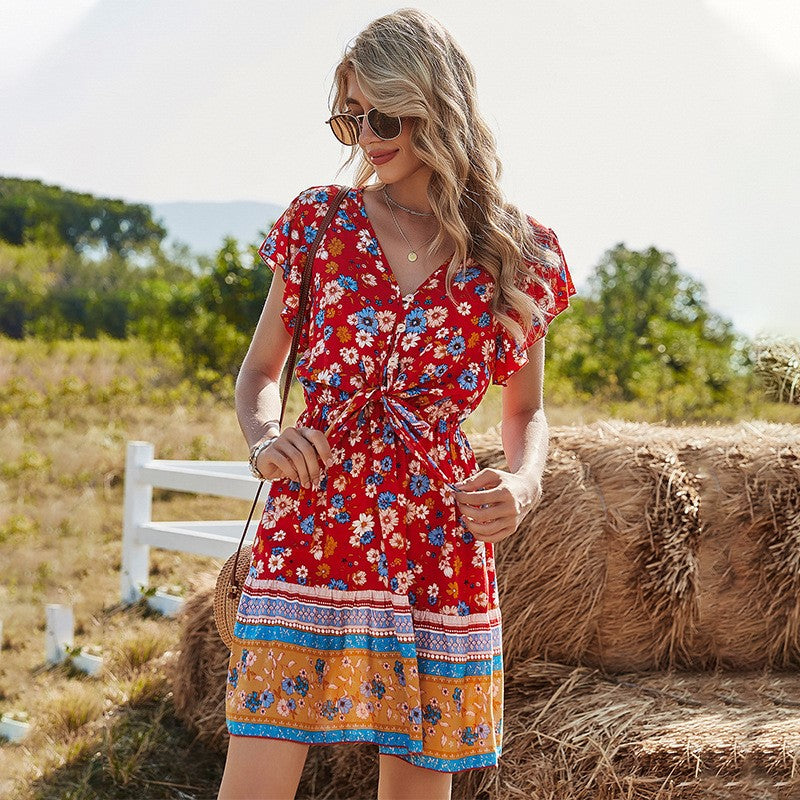 Spring Clothes V-neck Printing Dress Women - worthwears