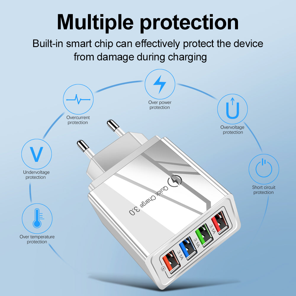 USB Charger Quick Charge 3.0 4 Ports Phone Adapter For Huawei IPhone 12 Tablet Portable Wall Mobile Charger Fast Charger - worthwears