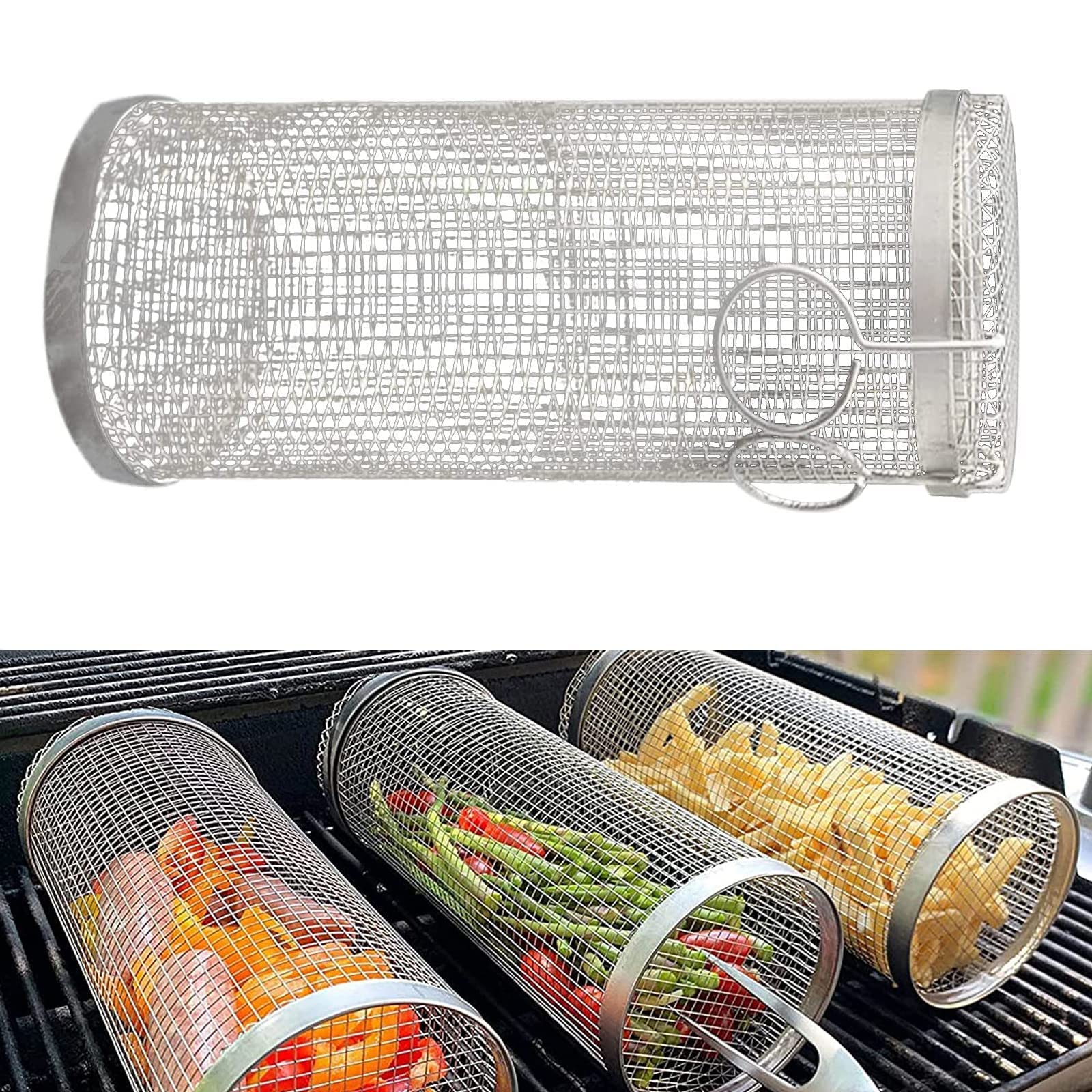 Rolling Grilling Basket Metal BBQ Barbecue Basket Net Portable Outdoor Camping Barbecue Rack Kitchen Gadgets - worthwears