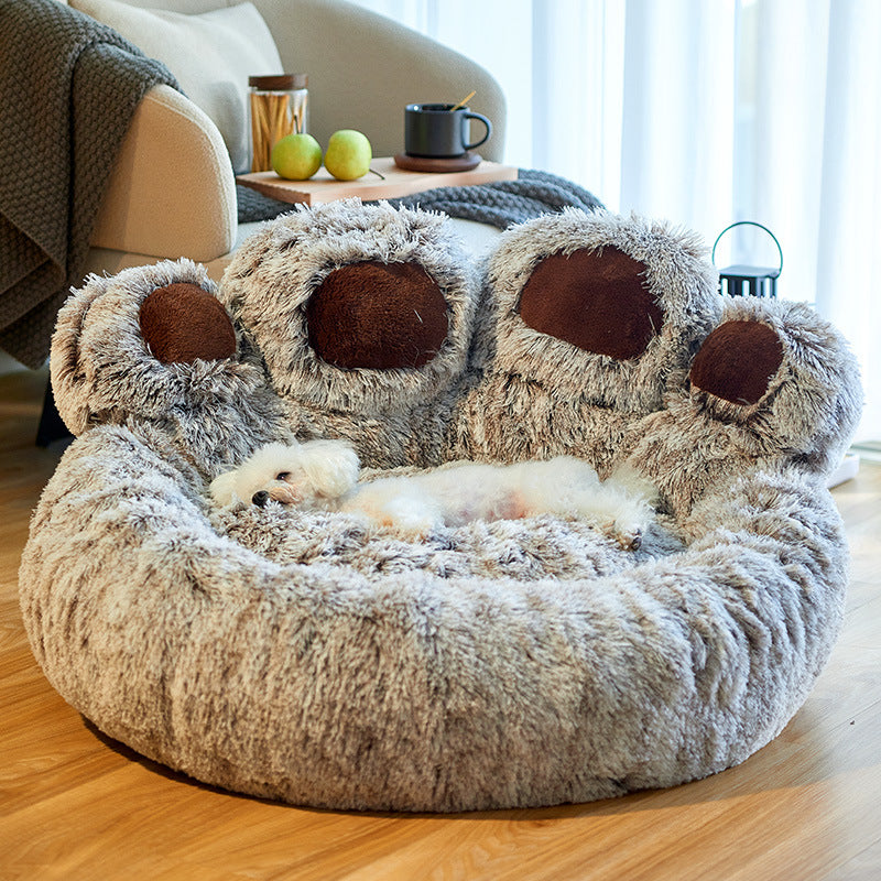 Dog Bed Cat Mat Round Large Pet House Long Plush Deep Sleeping Warm Bear Paw Shape Super Soft Cushion Calm Beds - worthwears