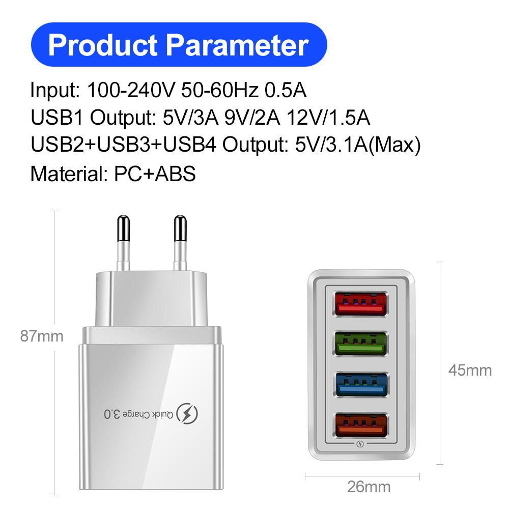 USB Charger Quick Charge 3.0 4 Ports Phone Adapter For Huawei IPhone 12 Tablet Portable Wall Mobile Charger Fast Charger - worthwears