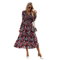 Women's Fashion Elegant V-neck Print Dress - worthwears