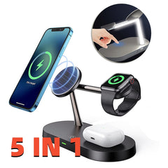 Multifunctional Five-In-One Magnetic Wireless Charging Watch Headset Desktop Mobile Phone Holder Charger 15W Fast Charge - worthwears