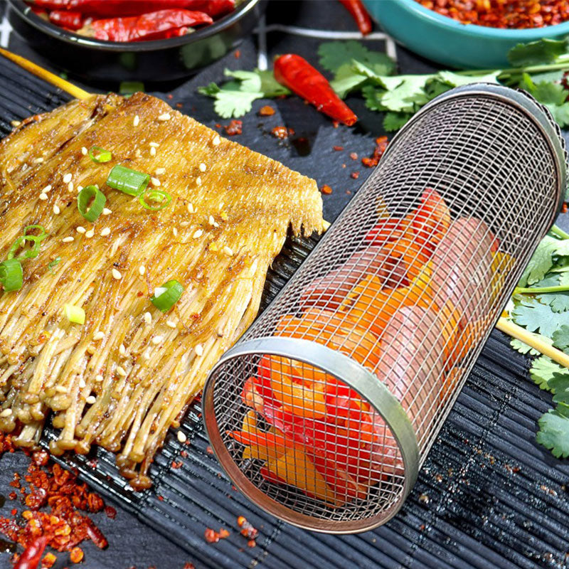 Rolling Grilling Basket Metal BBQ Barbecue Basket Net Portable Outdoor Camping Barbecue Rack Kitchen Gadgets - worthwears