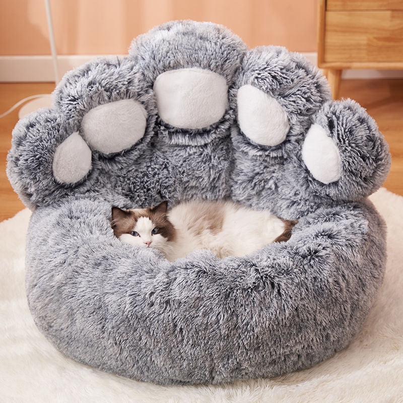 Dog Bed Cat Mat Round Large Pet House Long Plush Deep Sleeping Warm Bear Paw Shape Super Soft Cushion Calm Beds - worthwears